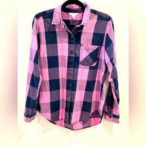 Pink and Blue Plaid Button-Up Shirt